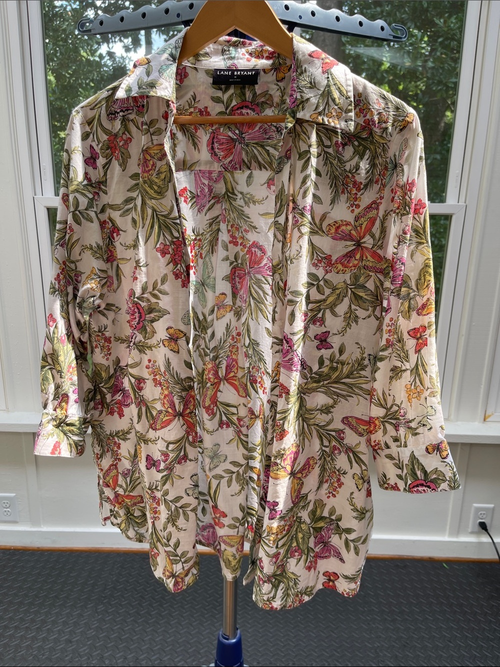 Lane Bryant Cream Button-Front Blouse with Pink & Green Floral Print